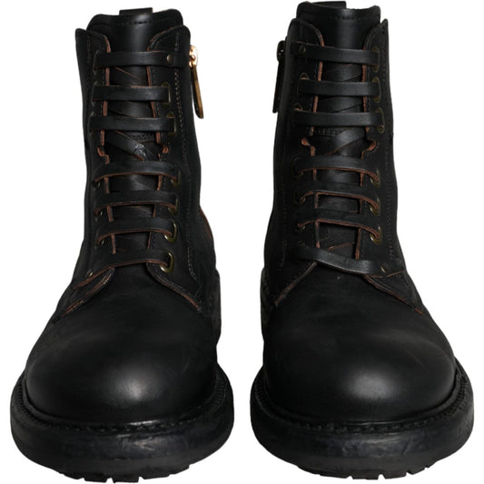 Dolce & Gabbana Black Lace Up Mid Calf Boots Men Shoes Dolce & Gabbana