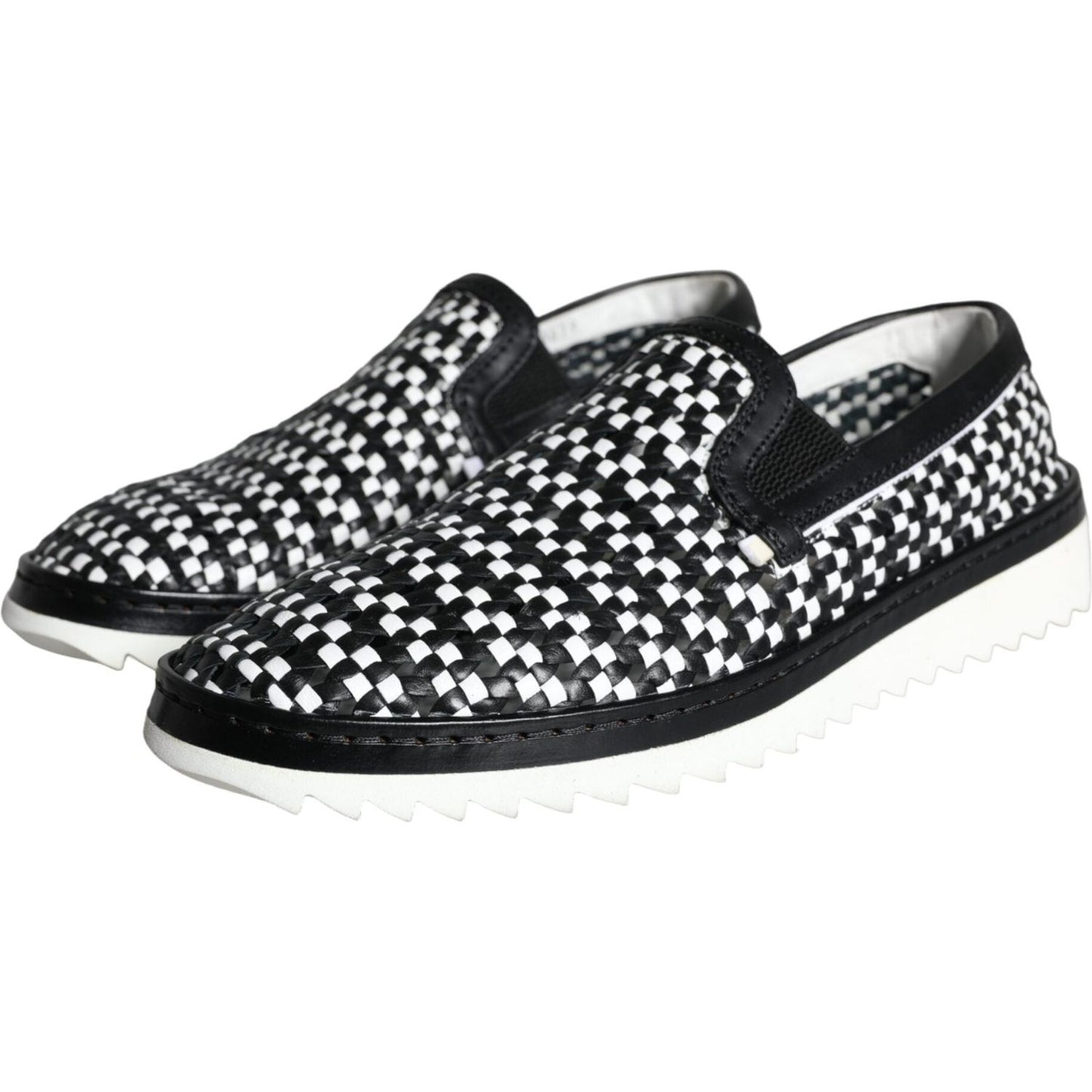 Dolce & Gabbana Black White Weaved Slip On Men Loafers Shoes Dolce & Gabbana