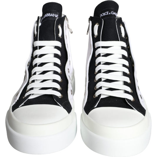 Dolce & Gabbana White Black Cotton Logo High Top Sneaker Shoes Dolce & Gabbana