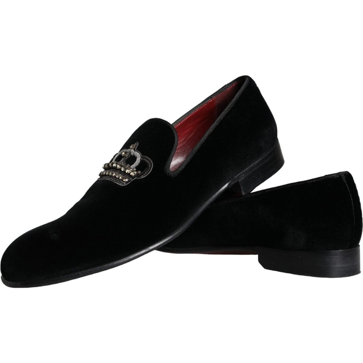 Dolce & Gabbana Black Velvet Crystal Crown Men Loafers Shoes Dolce & Gabbana