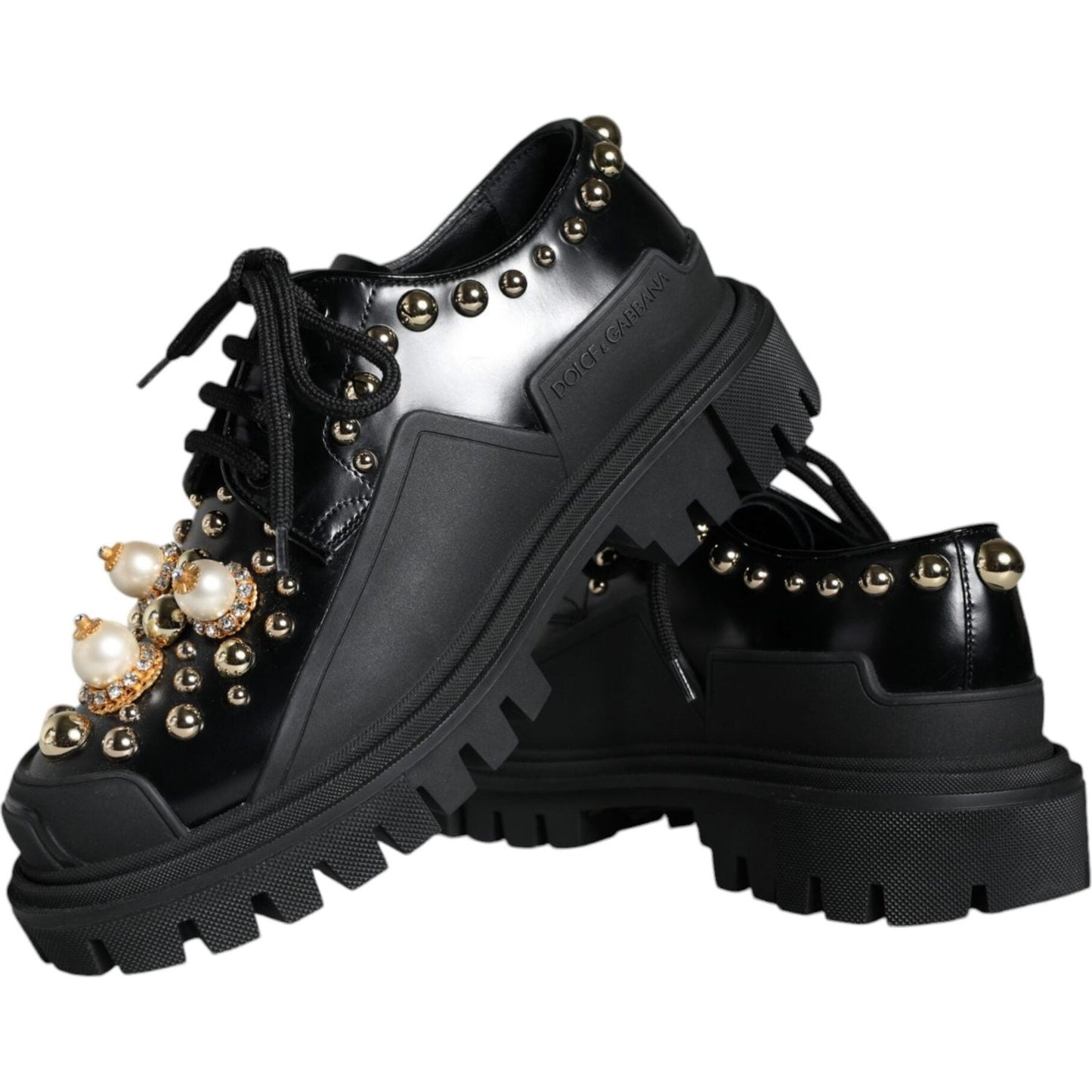 Dolce & Gabbana Black Leather Trekking Derby Embellished Shoes Dolce & Gabbana