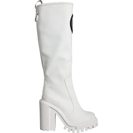 Dolce & Gabbana White Cotton Logo Heels Knee High Boots Shoes Dolce & Gabbana