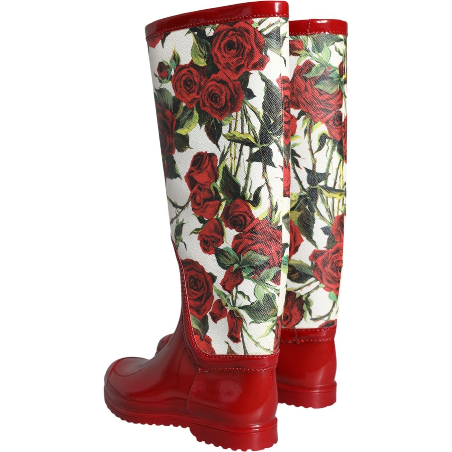 Dolce & Gabbana Red Floral Rubber Knee High Flat Boots Shoes Dolce & Gabbana