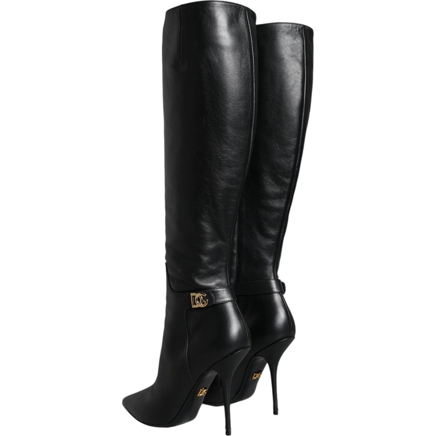 Dolce & Gabbana Black Leather Gold Tone Logo High Boots Shoes Dolce & Gabbana