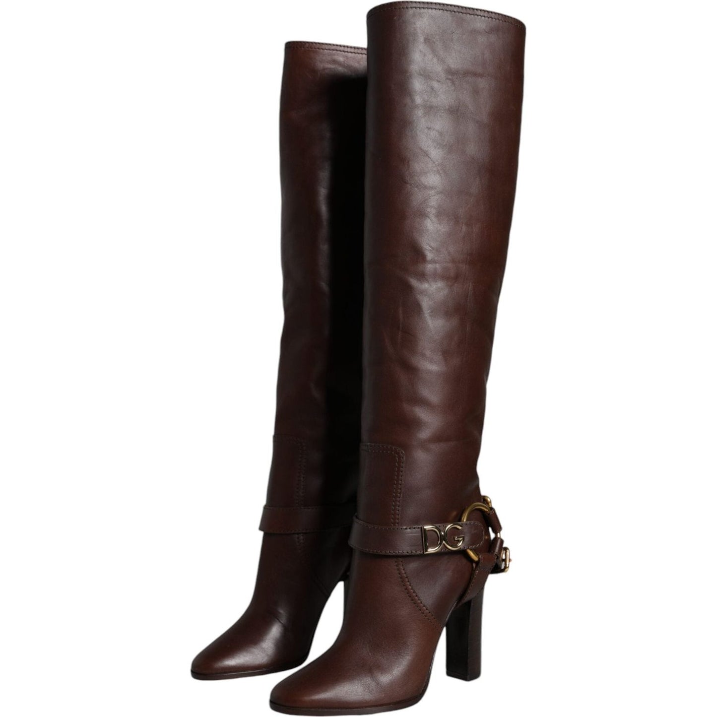 Dolce & Gabbana Brown Leather Gold Tone Logo High Boots Shoes Dolce & Gabbana