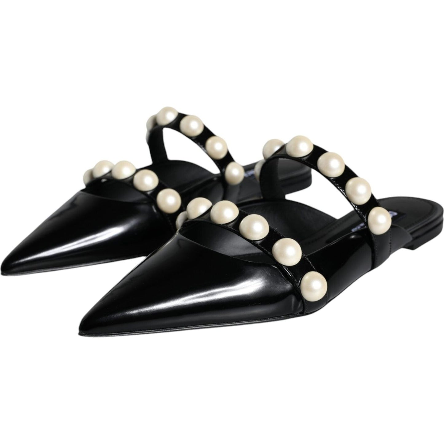 Dolce & Gabbana Black Leather Pearls Slides Sandals Shoes Dolce & Gabbana