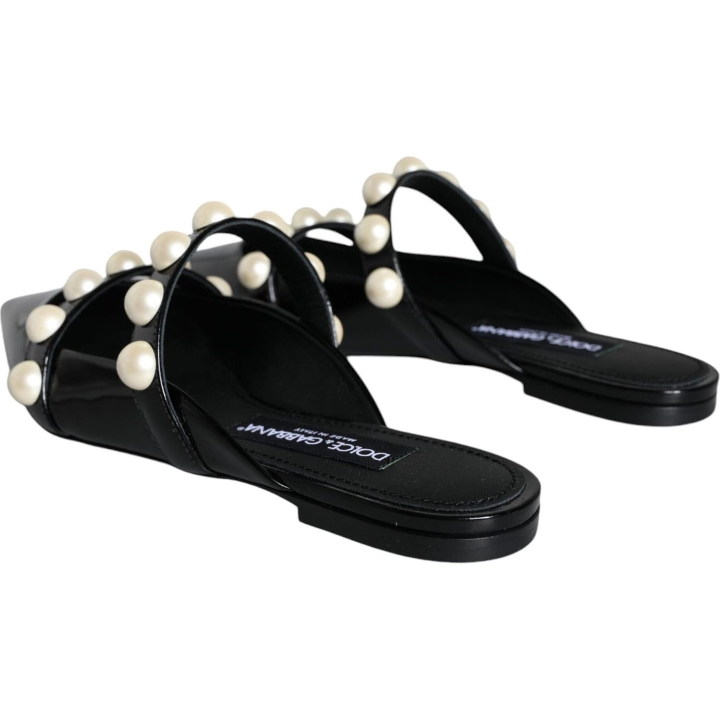 Dolce & Gabbana Black Leather Pearls Slides Sandals Shoes Dolce & Gabbana