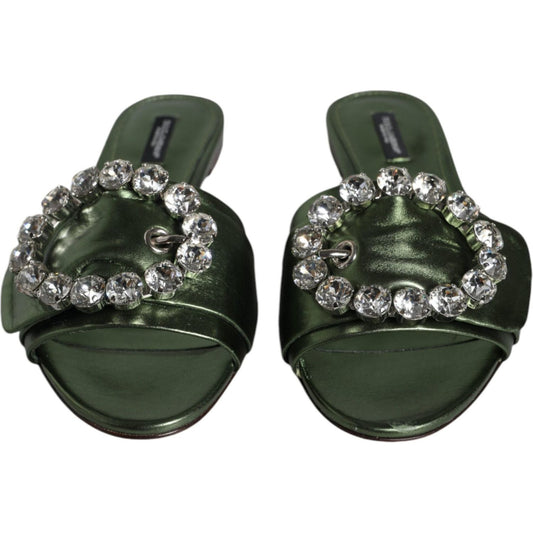 Dolce & Gabbana Metallic Green Crystal Leather Flats Sandals Shoes Dolce & Gabbana