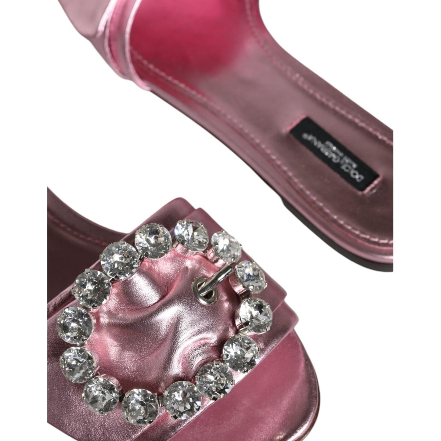 Dolce & Gabbana Metallic Pink Crystal Leather Flats Sandals Shoes Dolce & Gabbana