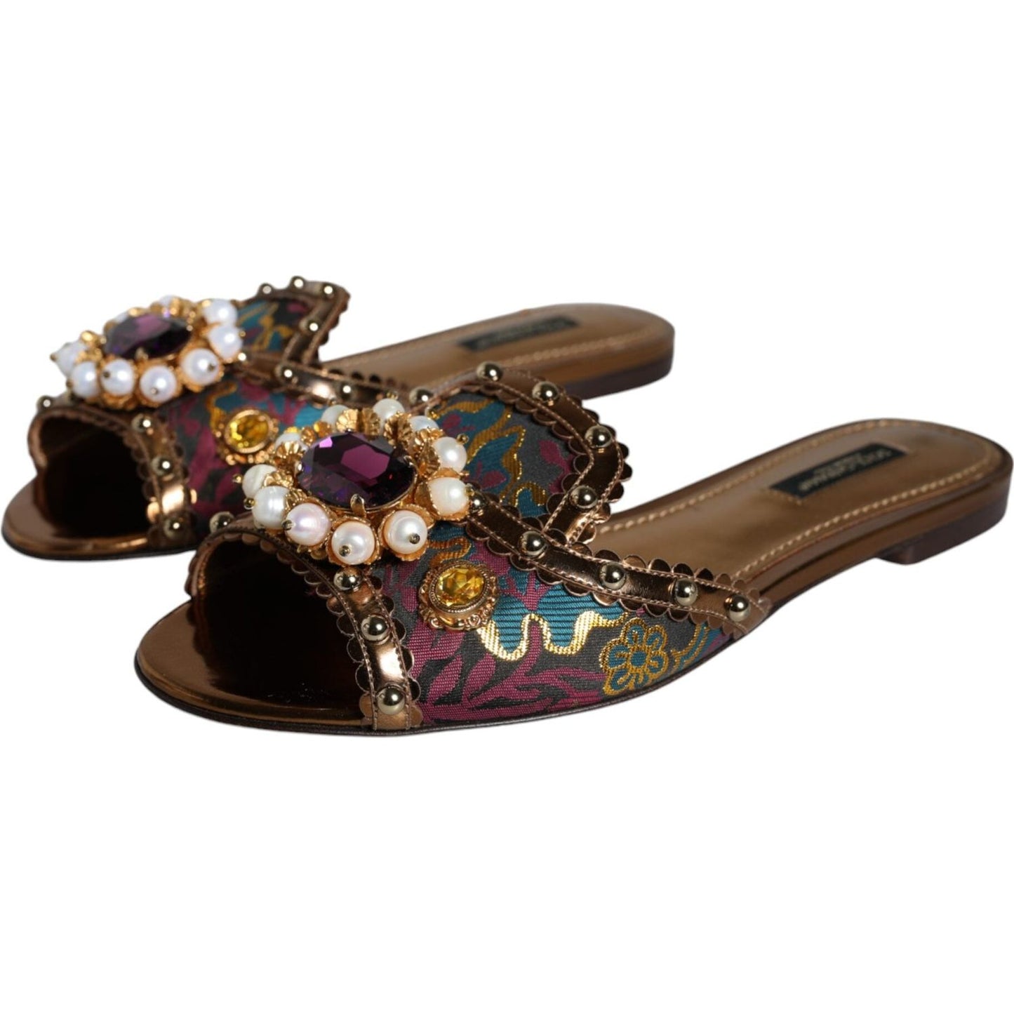 Dolce & Gabbana Multicolor Jacquard Embellished Slides Flats Shoes Dolce & Gabbana