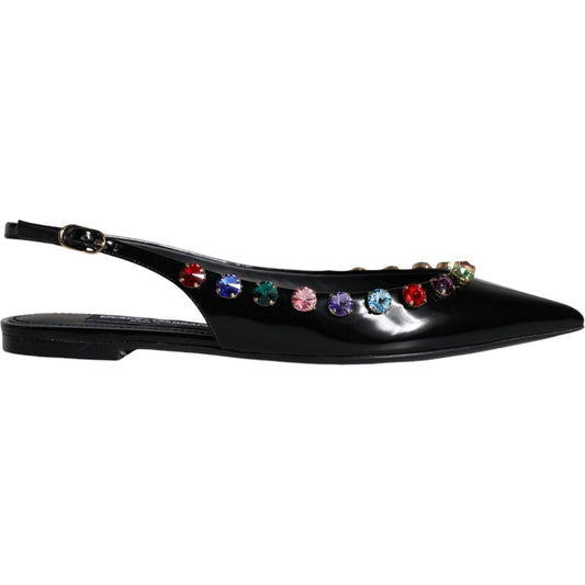 Dolce & Gabbana Black Leather Crystal Flats Slingback Shoes Dolce & Gabbana