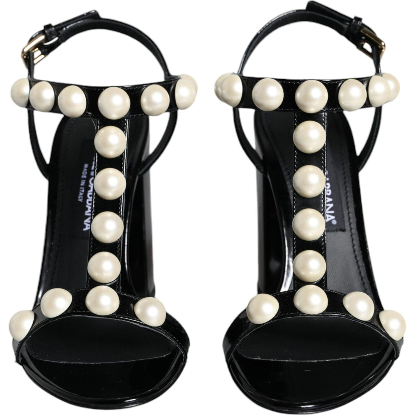 Dolce & Gabbana Black Leather Pearls T-strap Sandals Shoes Dolce & Gabbana