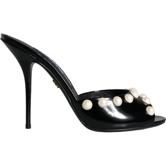 Dolce & Gabbana Black Leather Pearls Slides Sandals Shoes Dolce & Gabbana