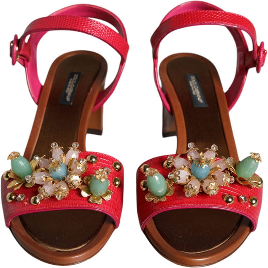 Dolce & Gabbana Fuchsia Leather Embellished Keira Sandals Shoes Dolce & Gabbana