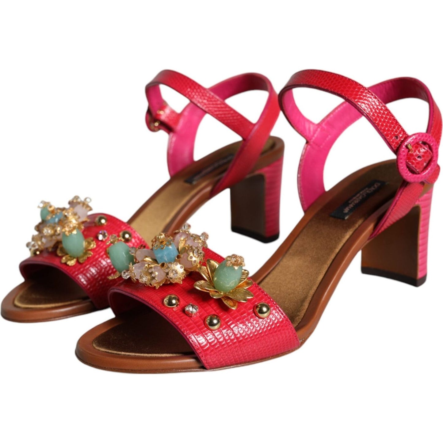 Dolce & Gabbana Fuchsia Leather Embellished Keira Sandals Shoes Dolce & Gabbana