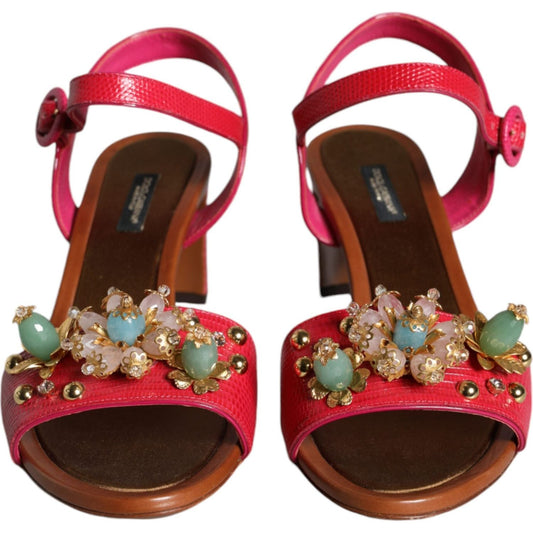 Dolce & Gabbana Fuchsia Leather Embellished Keira Sandals Shoes