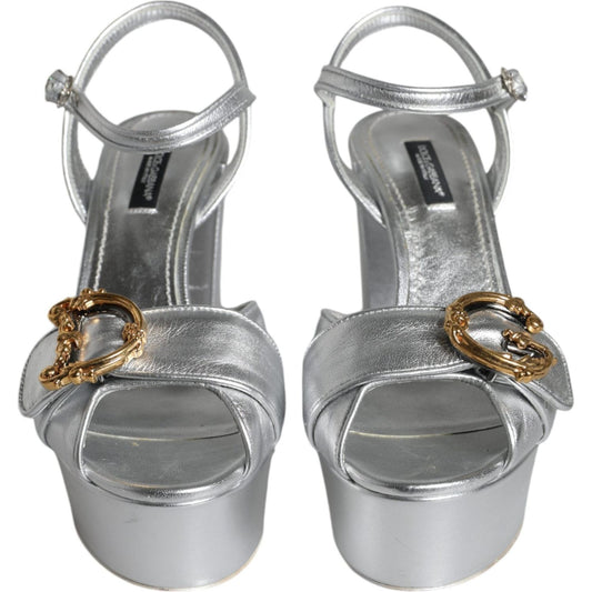 Dolce & Gabbana Silver Leather Platform Logo Keira Sandals Shoes