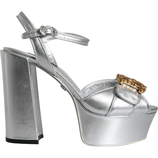 Dolce & Gabbana Silver Leather Platform Logo Keira Sandals Shoes