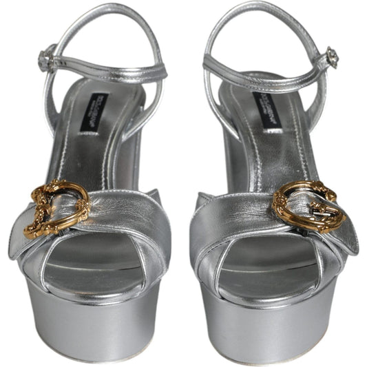 Dolce & Gabbana Silver Leather Platform Logo Keira Sandals Shoes Dolce & Gabbana