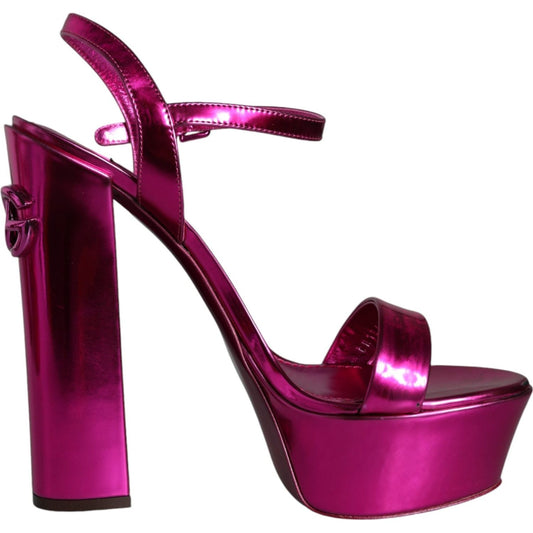 Dolce & Gabbana Fuchsia Leather Platform Logo Keira Sandals Shoes