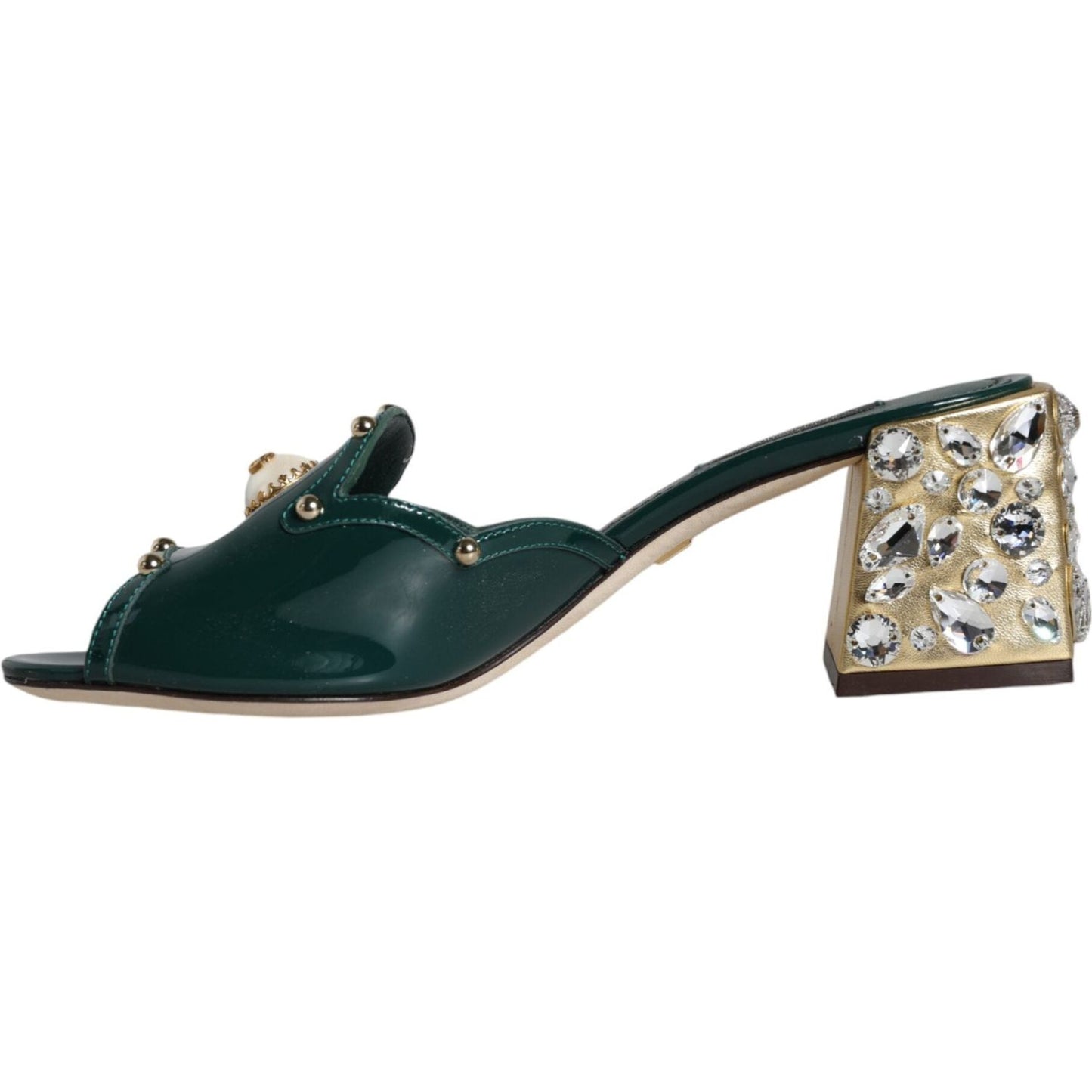 Dolce & Gabbana Green Crystal Leather Slides Sandals Shoes Dolce & Gabbana