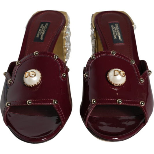 Dolce & Gabbana Maroon Crystal Leather Slides Sandals Shoes