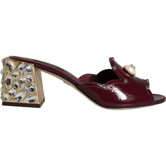 Dolce & Gabbana Maroon Crystal Leather Slides Sandals Shoes