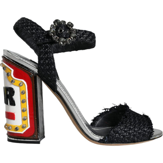 Dolce & Gabbana Black Silver Rafia Light Up Heels Sandals Shoes