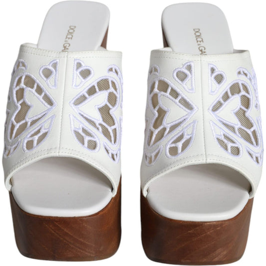 Dolce & Gabbana White Leather Wood Mules Wedge Slides Shoes