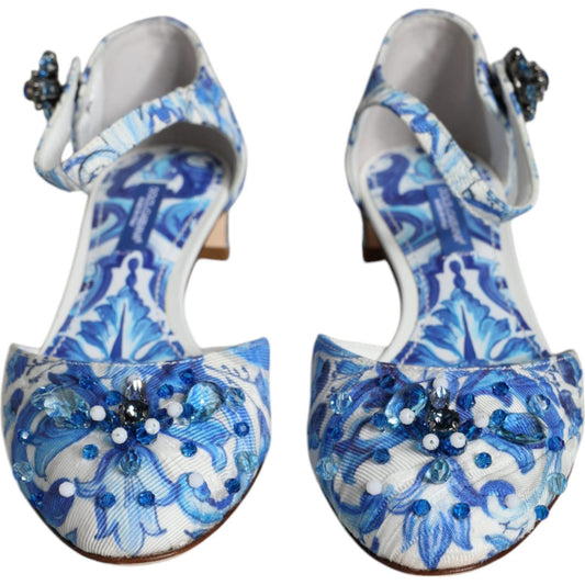 Dolce & Gabbana White Blue Majolica Print Ankle Strap Sandals Shoes