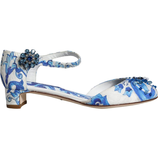 Dolce & Gabbana White Blue Majolica Print Ankle Strap Sandals Shoes