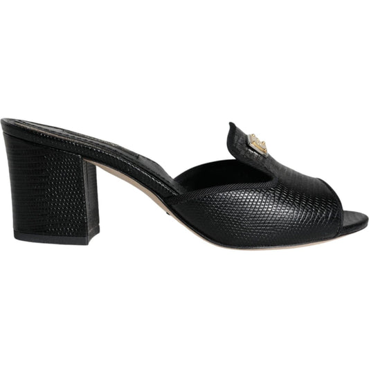 Dolce & Gabbana Black Logo Plaque Leather Heels Sandals Shoes