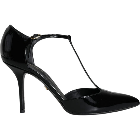 Dolce & Gabbana Black Patent Leather T-strap Heels Pumps Shoes