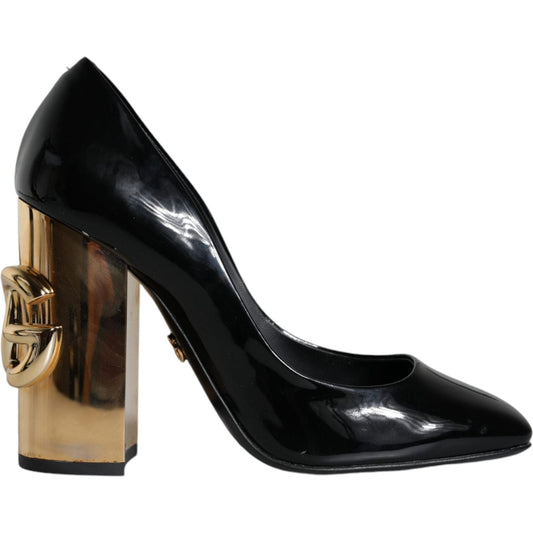 Dolce & Gabbana Black Gold Patent Leather Logo Heels Pumps Shoes