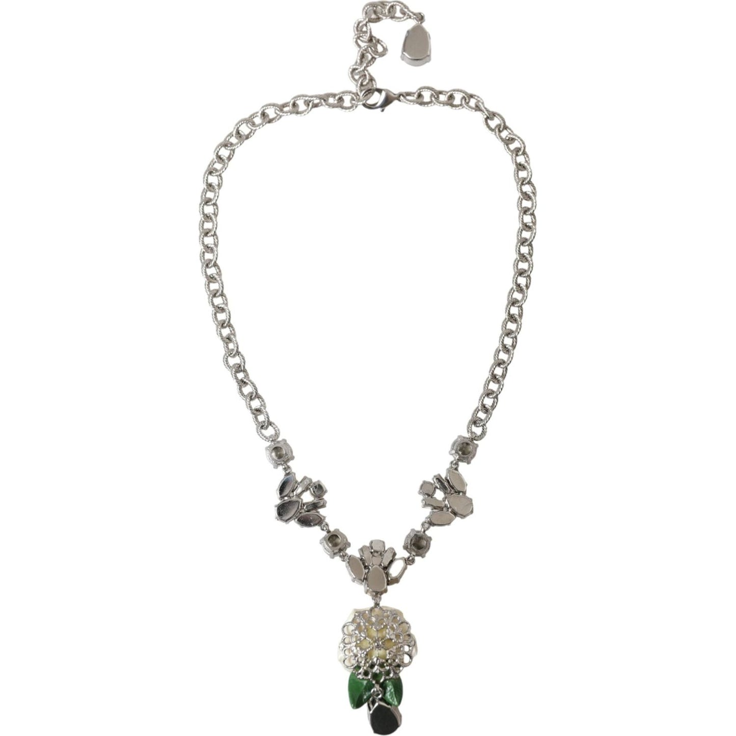 Dolce & Gabbana Silver Brass Clear Crystal Roses Pendants Necklace Dolce & Gabbana