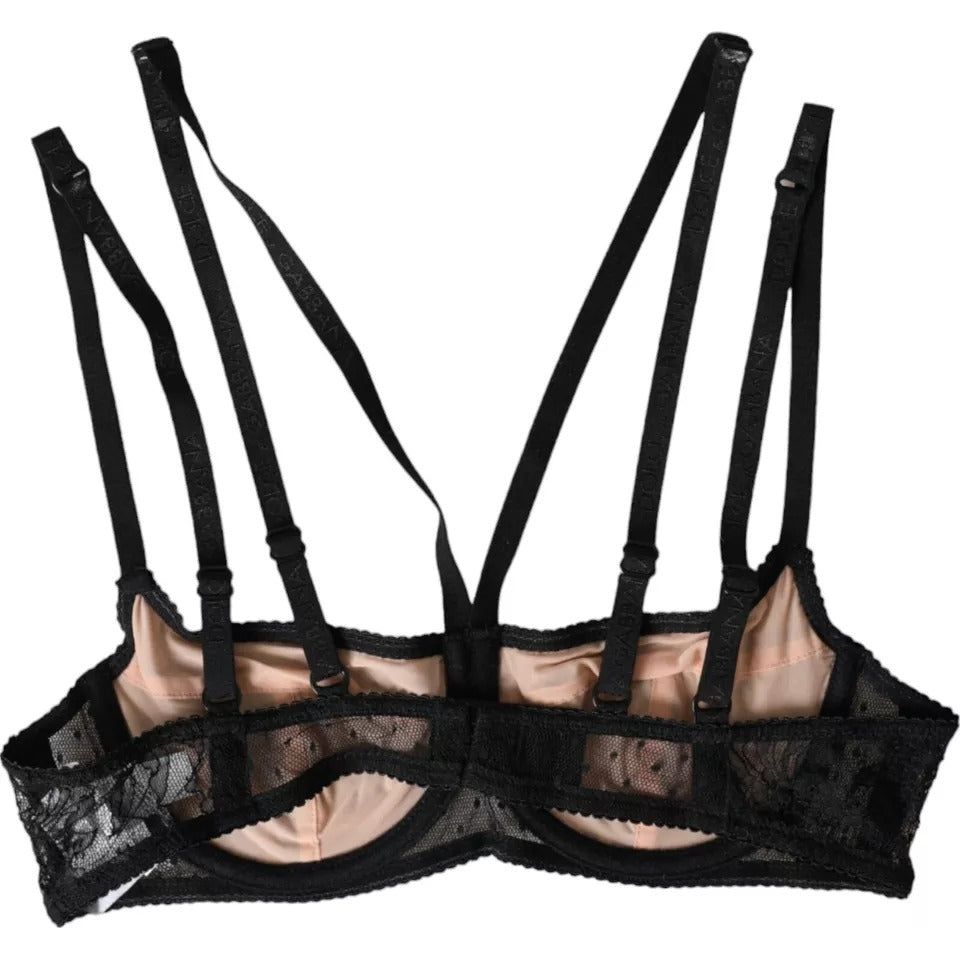 Dolce & Gabbana Black Floral Lace Nylon Balconcino Bra Underwear Dolce & Gabbana