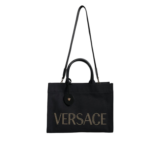 Versace Black Top Handle Canvas Leather Logo Crossbody Tote Bag