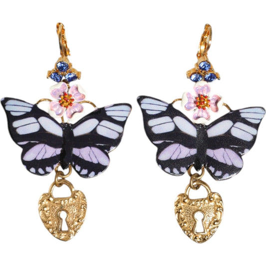 Dolce & Gabbana Gold Purple Crystal Butterfly Heart Locket Earrings Dolce & Gabbana