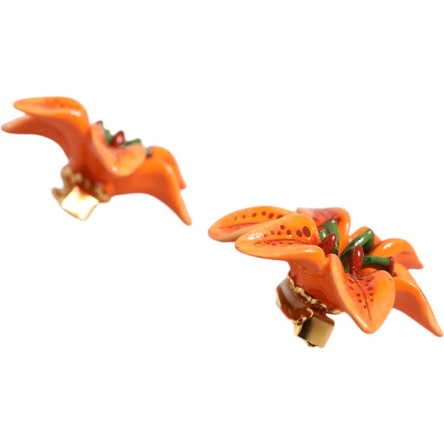 Dolce & Gabbana Orange Green Gold Brass Lily Flower Clip Floral Earrings Earrings Dolce & Gabbana