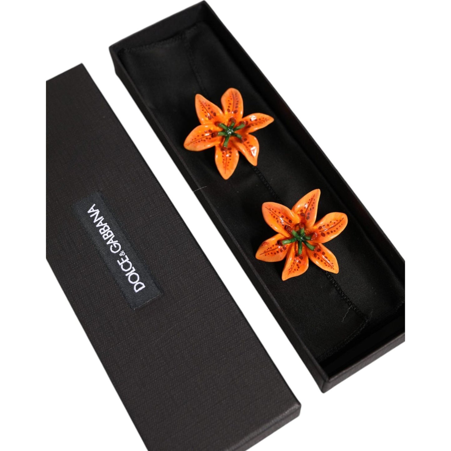 Dolce & Gabbana Orange Green Gold Brass Lily Flower Clip Floral Earrings Earrings Dolce & Gabbana