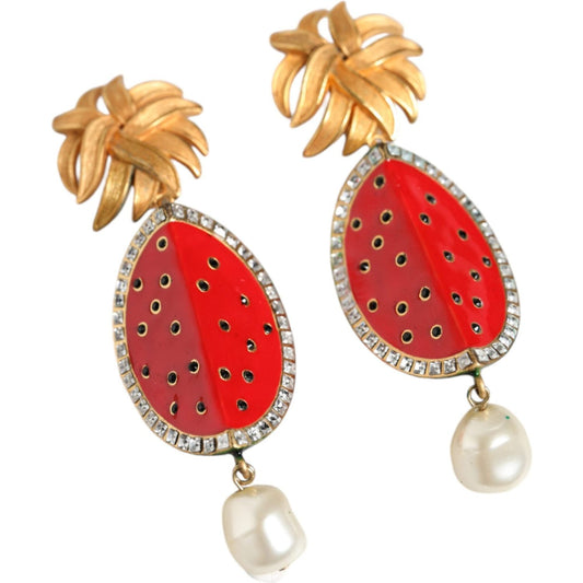 Dolce & Gabbana Red Watermelon Gold Brass Crystal Clip Dangling Earrings Dolce & Gabbana