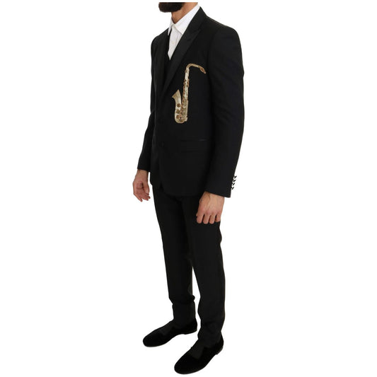 Dolce & Gabbana Elegant Black Three-Piece Suit with Saxophone Embroidery Suit Dolce & Gabbana