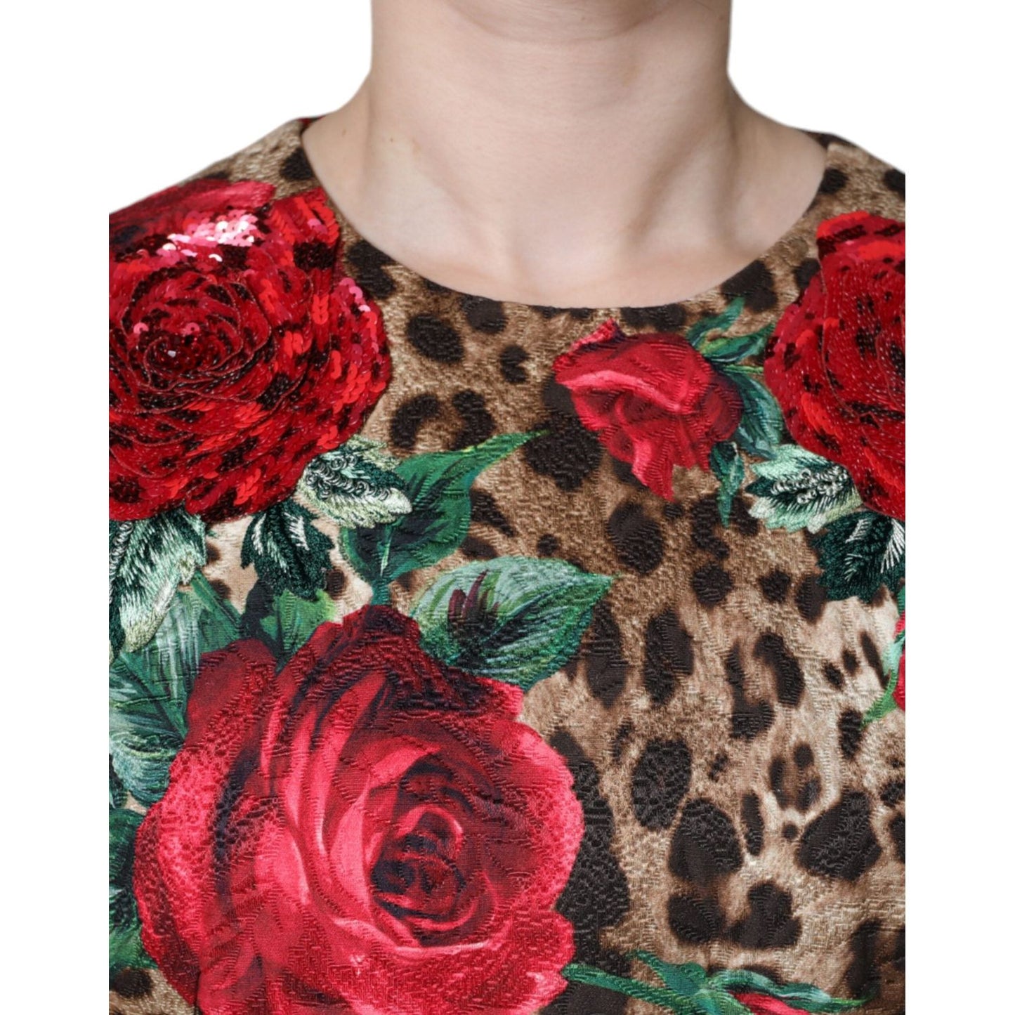 Dolce & Gabbana Brown Leopard Red Roses Cotton A-line Dress Dolce & Gabbana