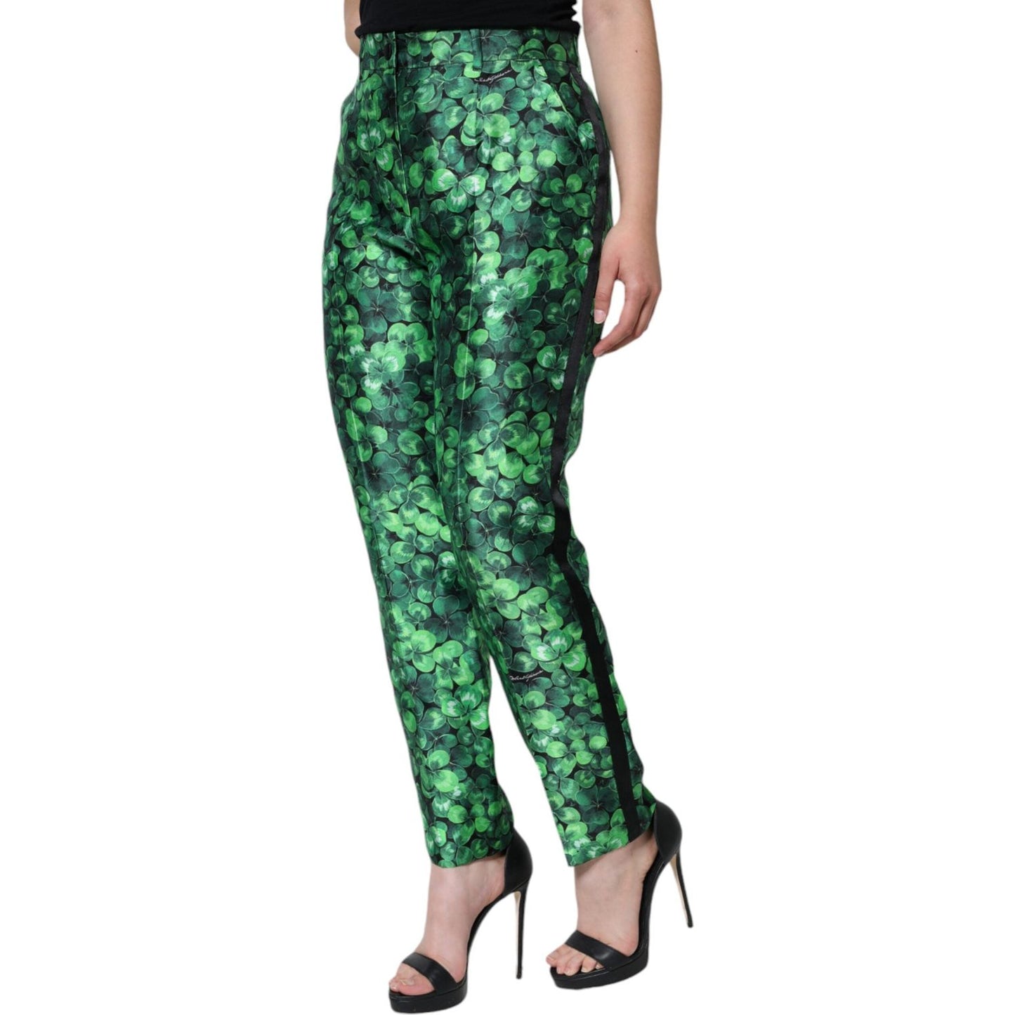 Dolce & Gabbana Green Clover Silk Satin High Waist Tapered Pants Dolce & Gabbana