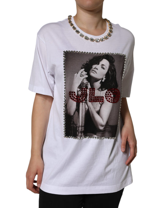 Dolce & Gabbana White Crystal Neckline Embellished Printed T-shirt Dolce & Gabbana