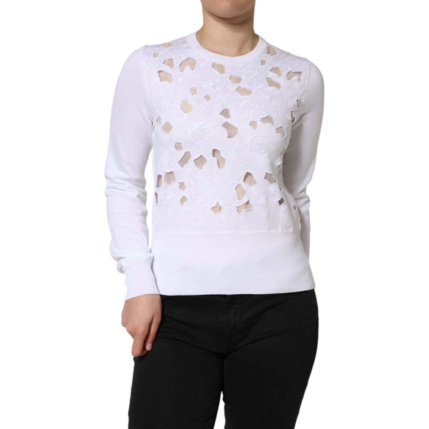 Dolce & Gabbana White Lace Cut Out Long Sleeves Pullover Sweater Dolce & Gabbana