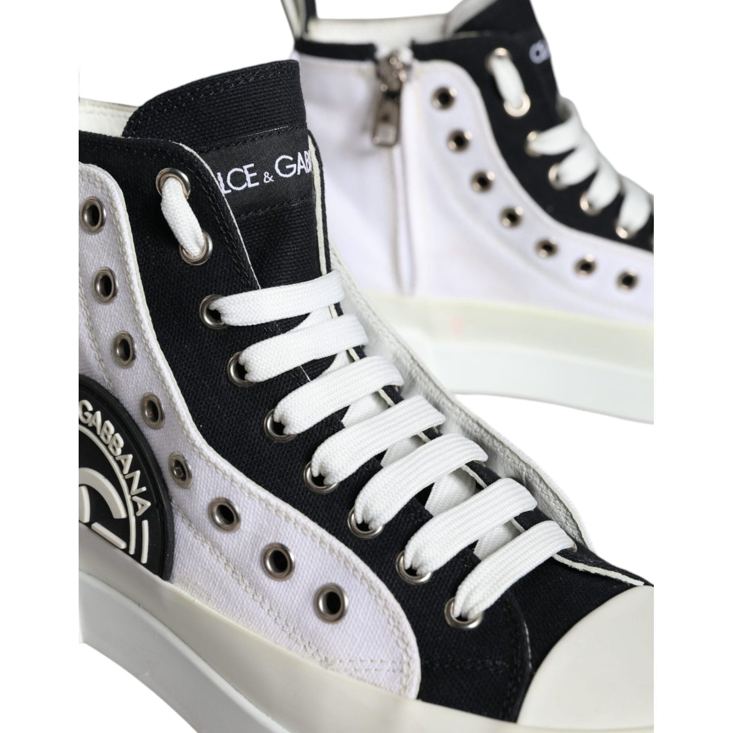 Dolce & Gabbana White Black Canvas Logo Mid Top Sneakers Shoes