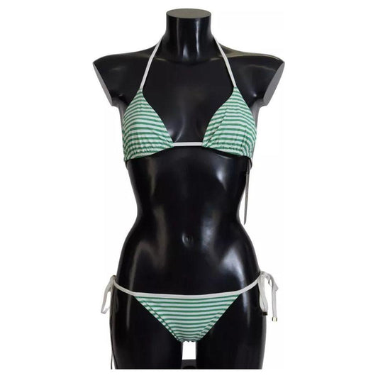 Dolce & Gabbana White Green Stripes Bikini Top Bottom Swimwear Dolce & Gabbana