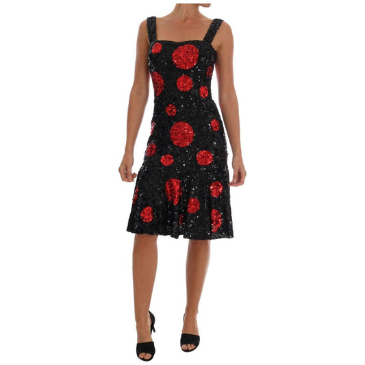 Dolce & Gabbana Black Red Polka Sequined Shift Dress