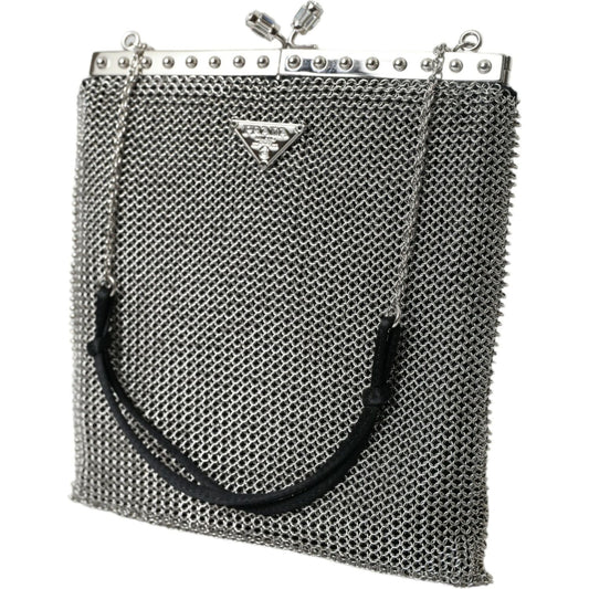 Elegant Silver Mesh Shoulder Evening Bag Prada